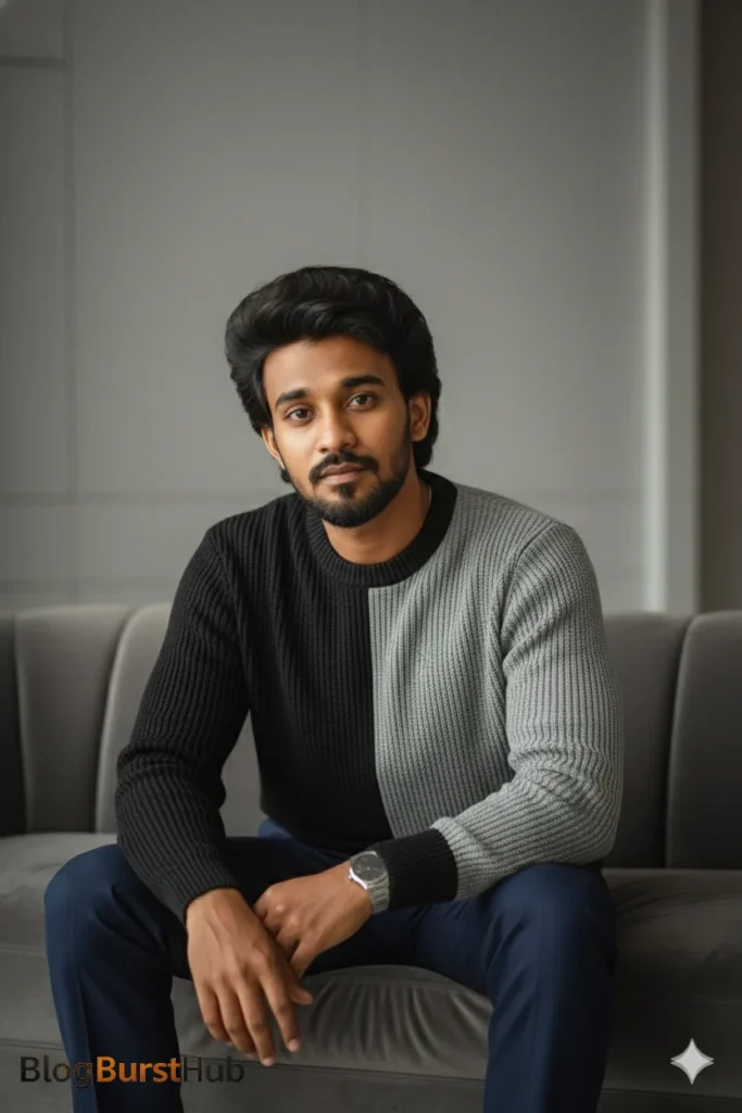 Ultra-realistic AI portrait of a man wearing a dual-tone sweater in an indoor setting