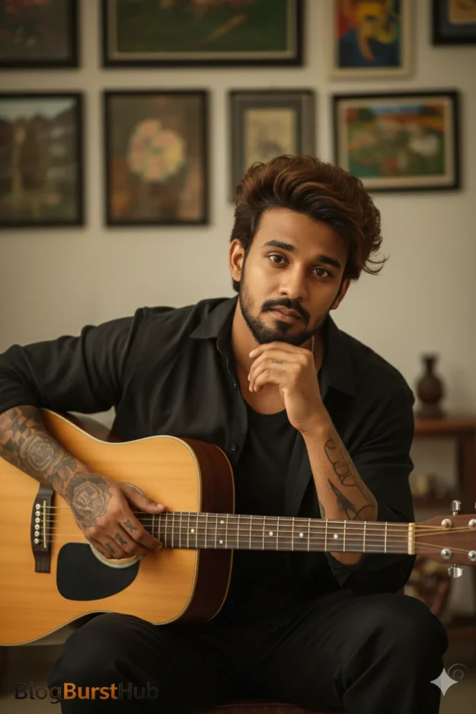 Realistic AI-generated portrait of a man holding a guitar in a cozy indoor environment