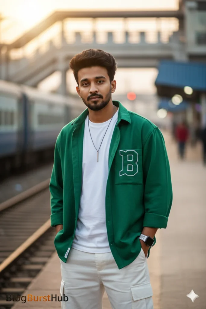 Cinematic AI-generated lifestyle photo of a man standing at a railway station during golden hour