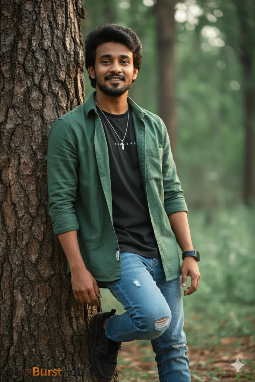 AI-generated realistic portrait of a man standing under a tree in a forest