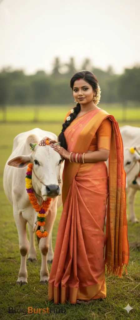 Tamil woman with a decorated calf during Mattu Pongal festival in a village field