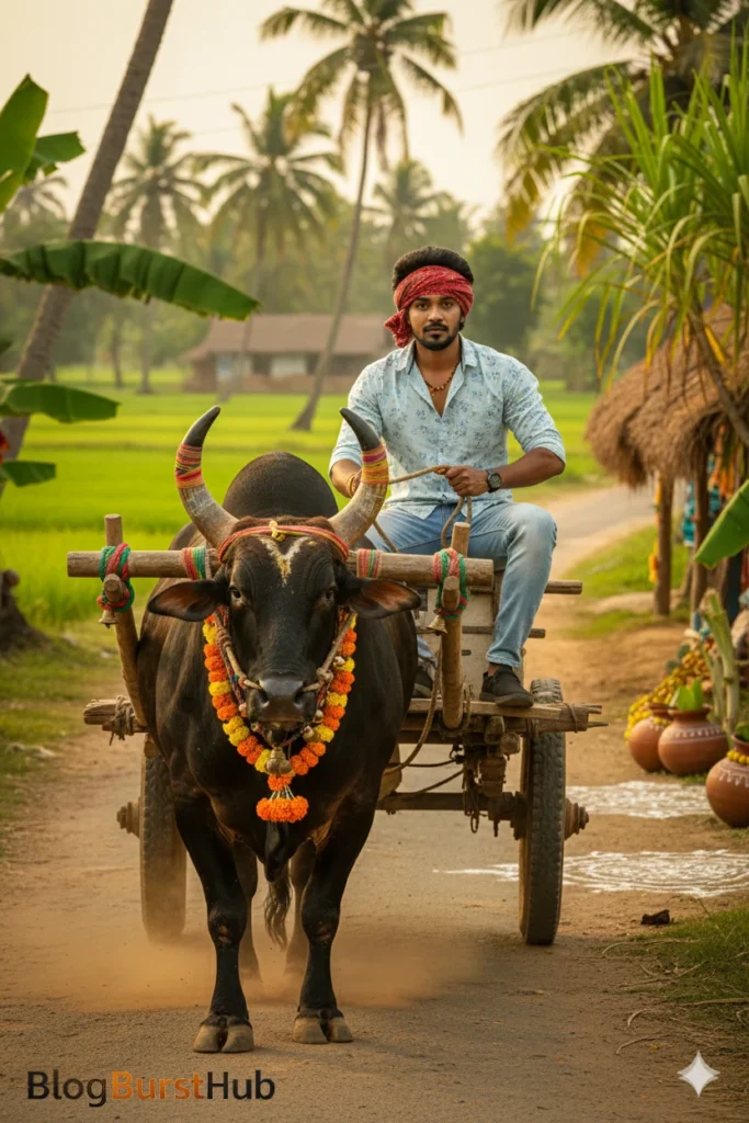 Mattu Pongal festival bullock cart with decorated bull and farmer in traditional Tamil village road