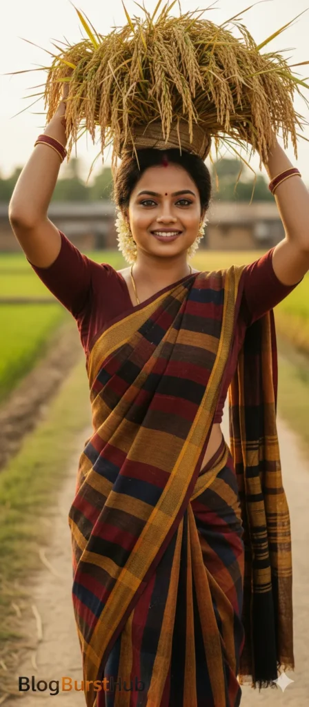 Tamil woman holding rice harvest and farming tool during Mattu Pongal festival