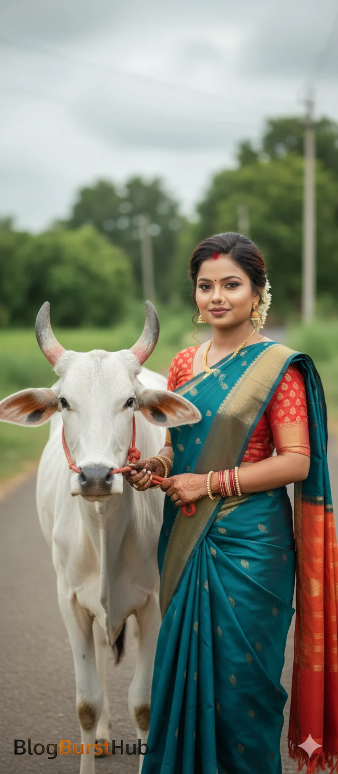 Mattu Pongal festival procession with man holding a decorated bull in rural Tamil Nadu