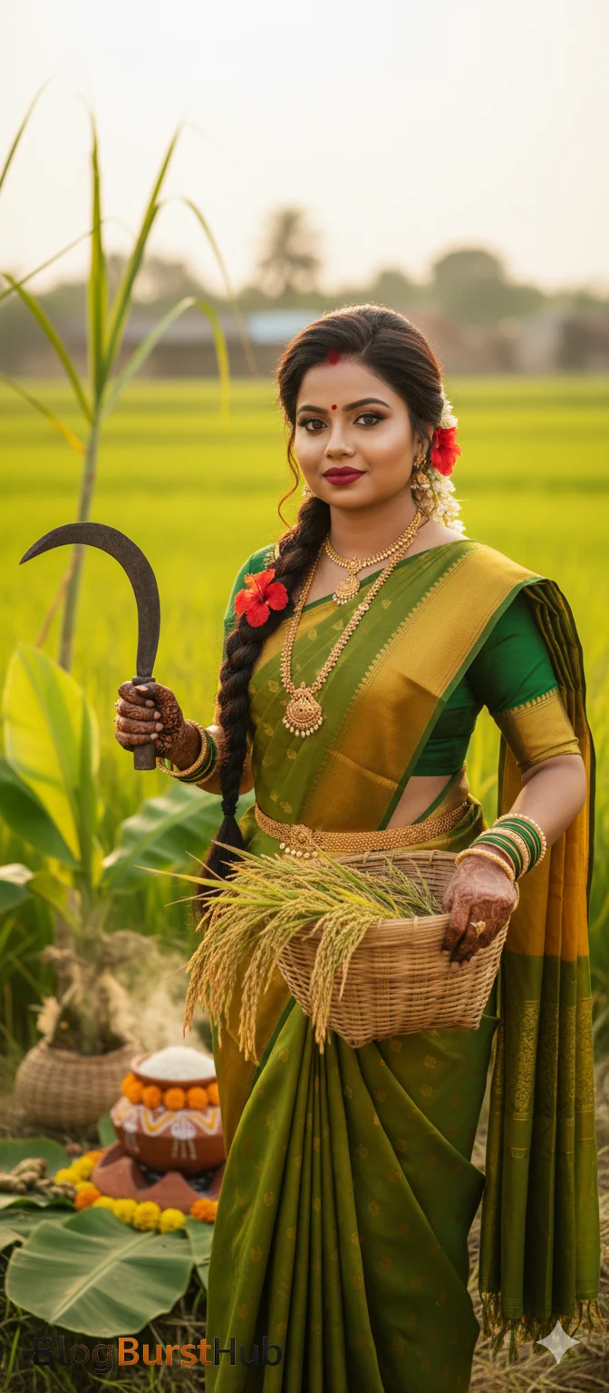 Mattu Pongal festival woman carrying harvest basket on head in rural Tamil village