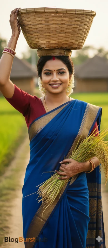 Tamil woman holding freshly harvested rice during Mattu Pongal festival in village field
