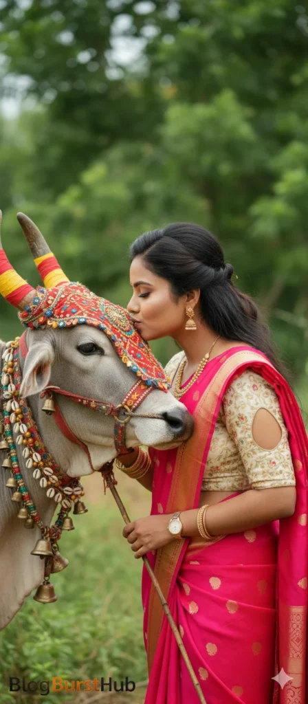Woman expressing affection to a decorated cow during Mattu Pongal festival celebration