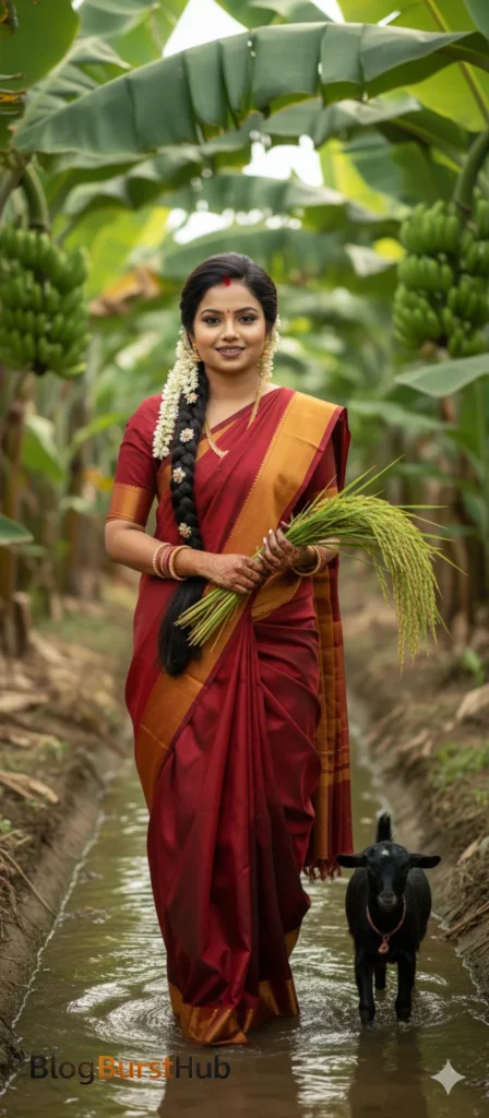Traditional Mattu Pongal festival scene of a Tamil woman in saree holding harvested paddy in a rural green field