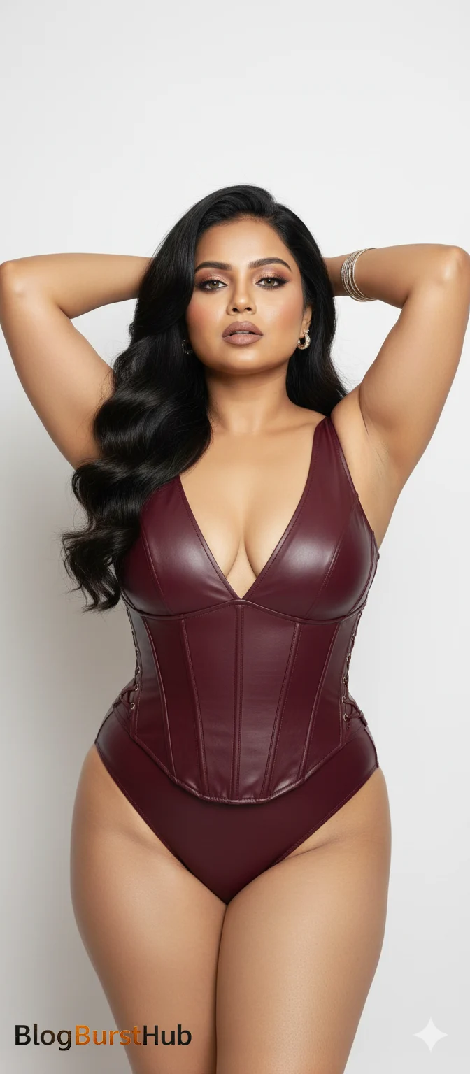Cinematic glamour portrait of a model in a burgundy corset-style outfit