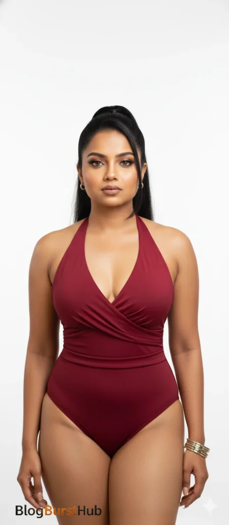 Ultra-realistic glamour portrait of a model in a deep red bodysuit