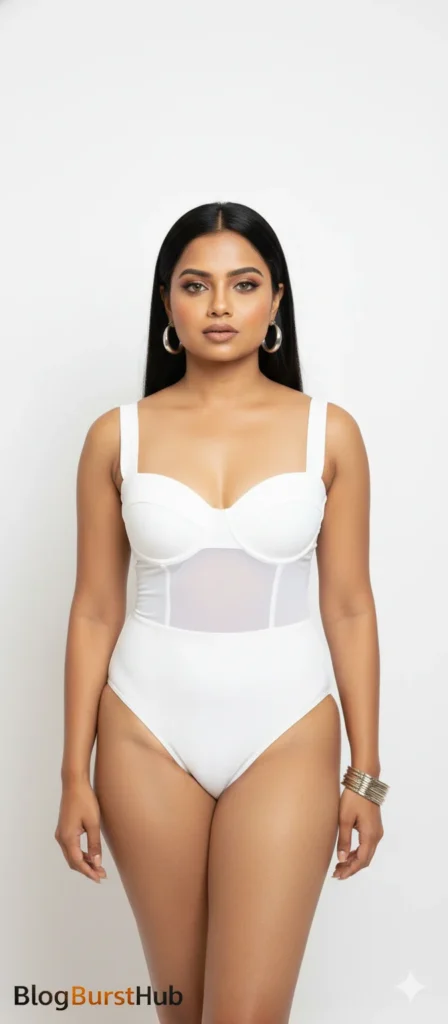 Ultra-realistic glamour portrait of a model in a white bodysuit with clean studio lighting