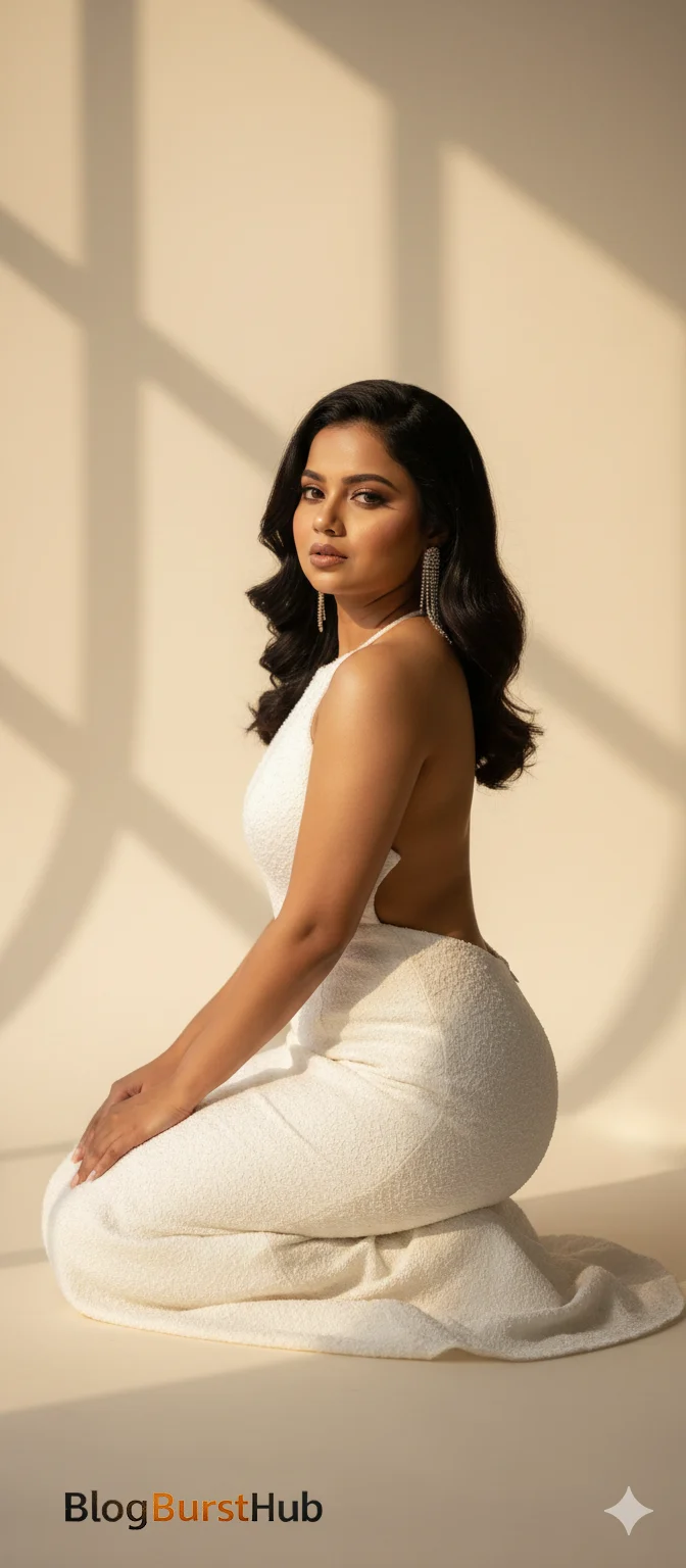 Ultra-realistic glamour portrait of a model in a white evening gown with cinematic lighting