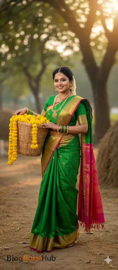 Tamil woman holding basket of yellow flowers during Pongal festival in village setting generated by Gemini AI