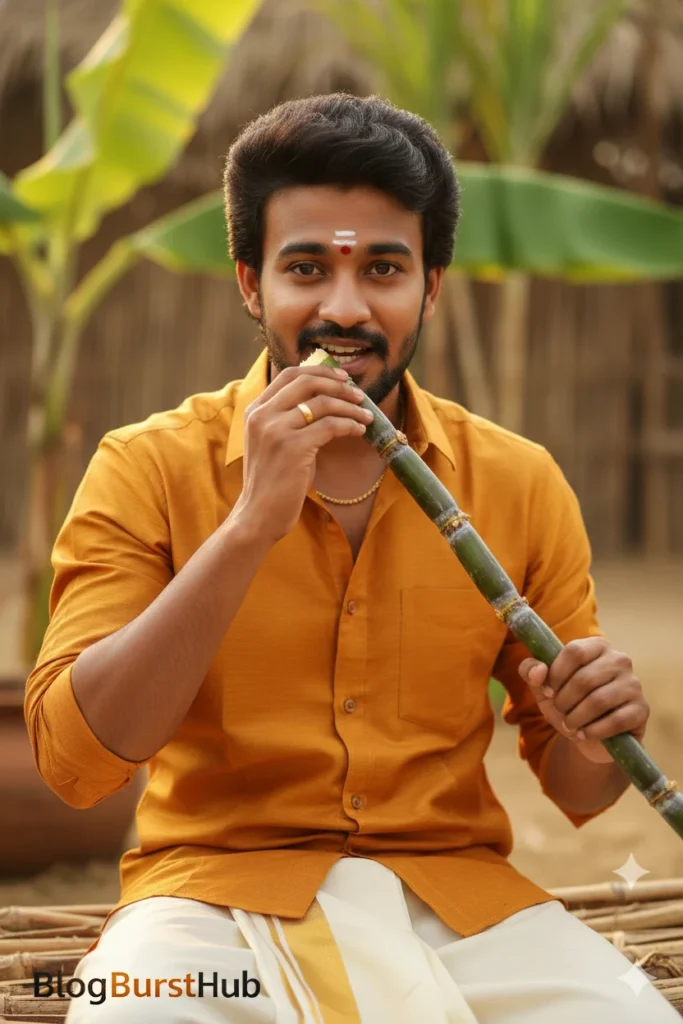 Tamil man biting sugarcane during Pongal festival wearing traditional attire generated using Gemini AI