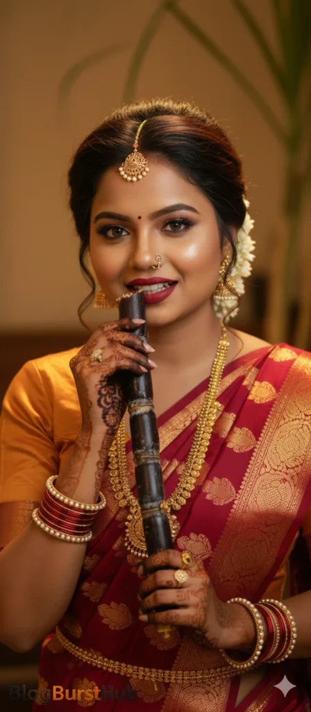 Traditional Tamil woman biting sugarcane during Pongal festival wearing red silk saree generated using Gemini AI prompt