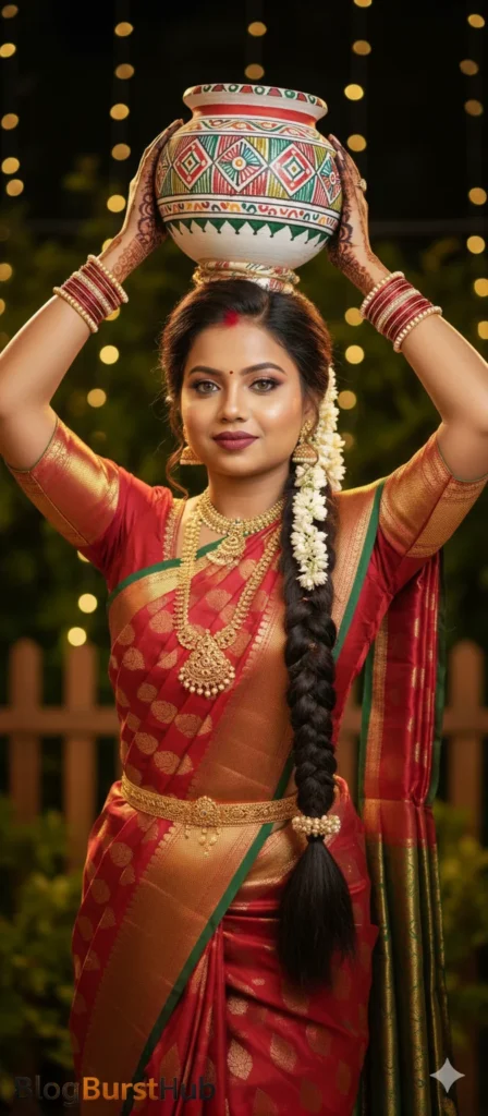 Tamil woman carrying decorated Pongal pot on head during festival celebration generated using Gemini AI