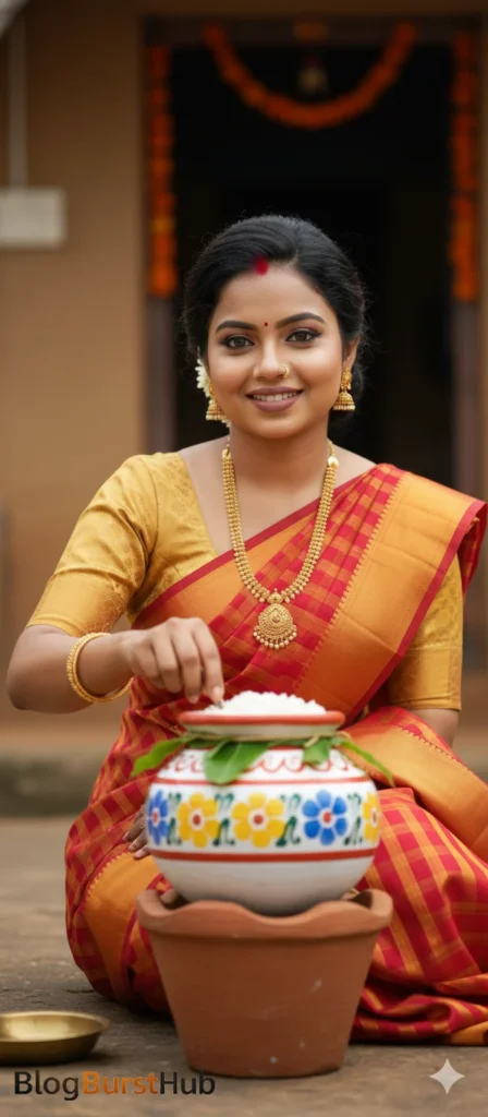 Tamil woman preparing Pongal rice in decorated clay pot during Pongal festival generated using Gemini AI