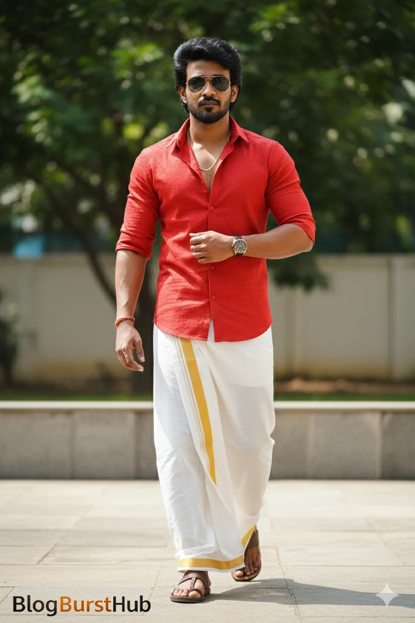 Tamil man wearing traditional Pongal outfit with veshti and red shirt generated using Gemini AI