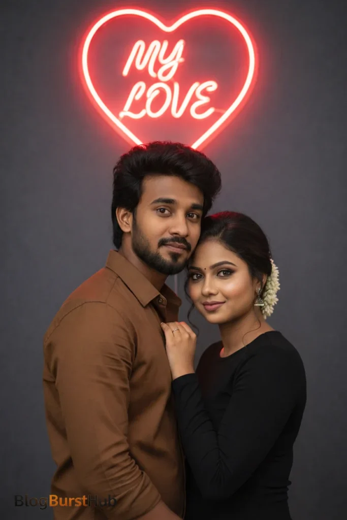 Intimate AI-generated couple standing close under a glowing heart neon sign on Valentine’s Day