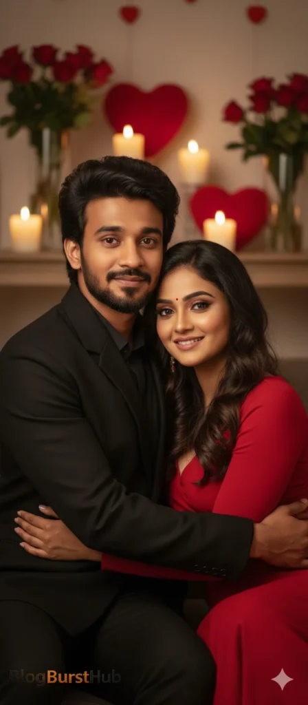 AI-generated Valentine’s Day couple posing with heart decorations and festive background