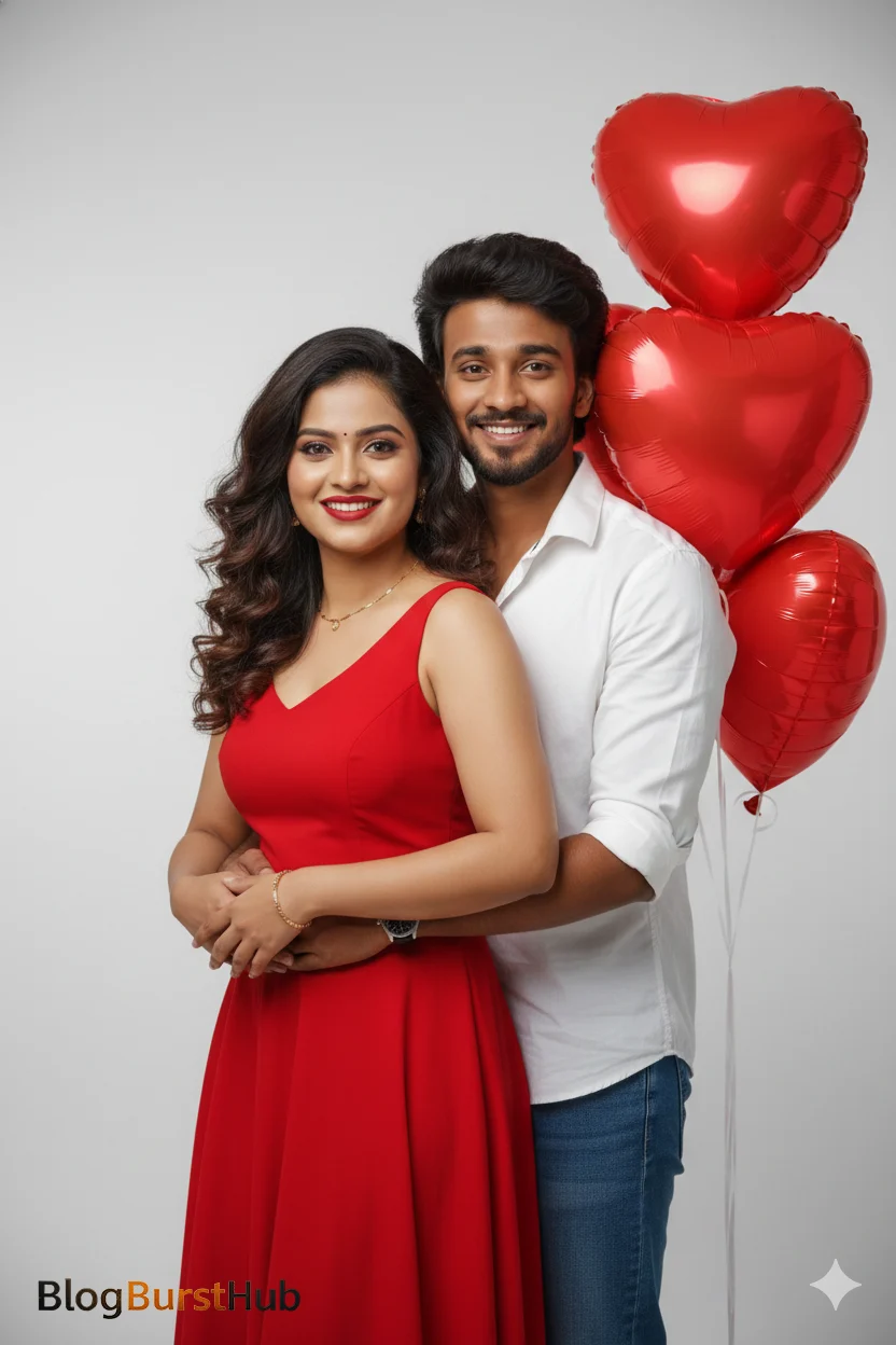 AI-generated Valentine’s Day couple hugging in a studio with red heart balloons