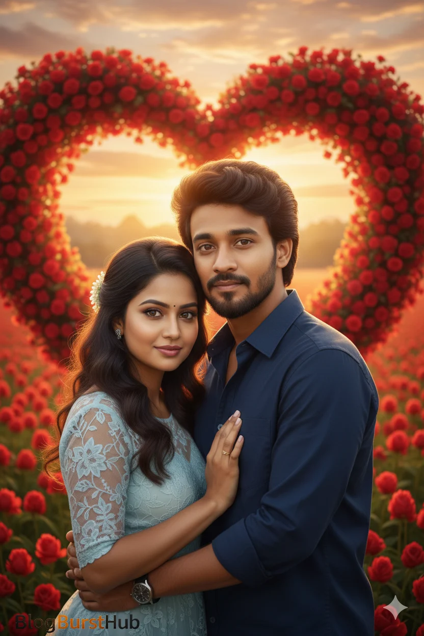 AI-generated romantic couple standing under a heart-shaped flower arch at sunset