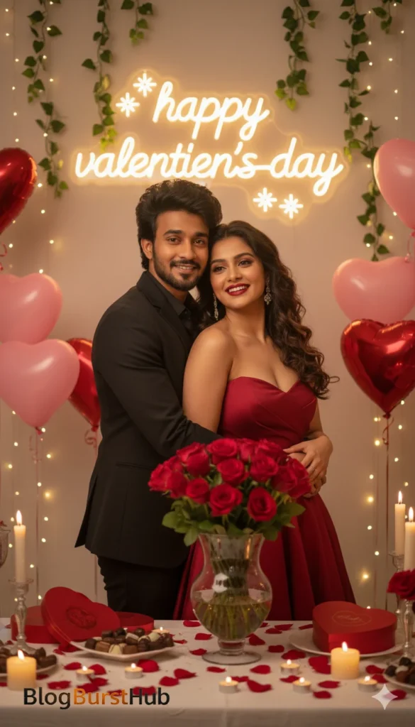 Valentine’s Day celebration couple with balloons, candles, and romantic decor