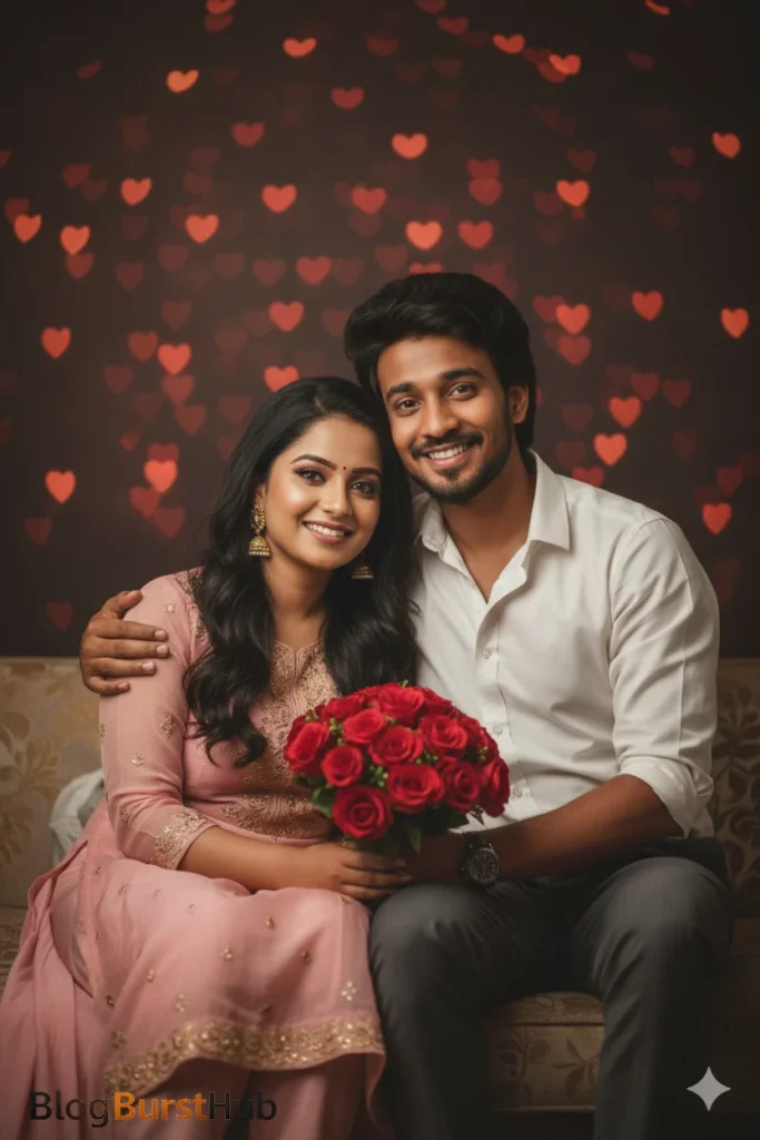 Valentine’s Day romantic couple hugging indoors with roses and cinematic love aesthetic