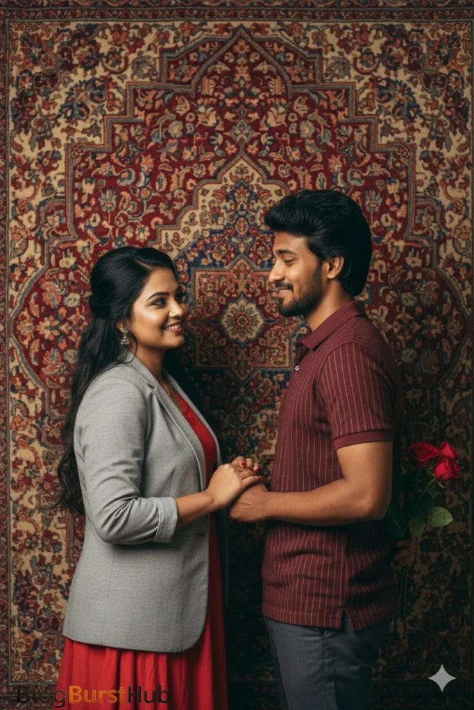 Romantic couple holding hands indoors with elegant Valentine’s Day aesthetic