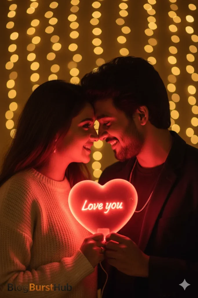 Close-up romantic couple holding glowing heart with cinematic Valentine’s Day love