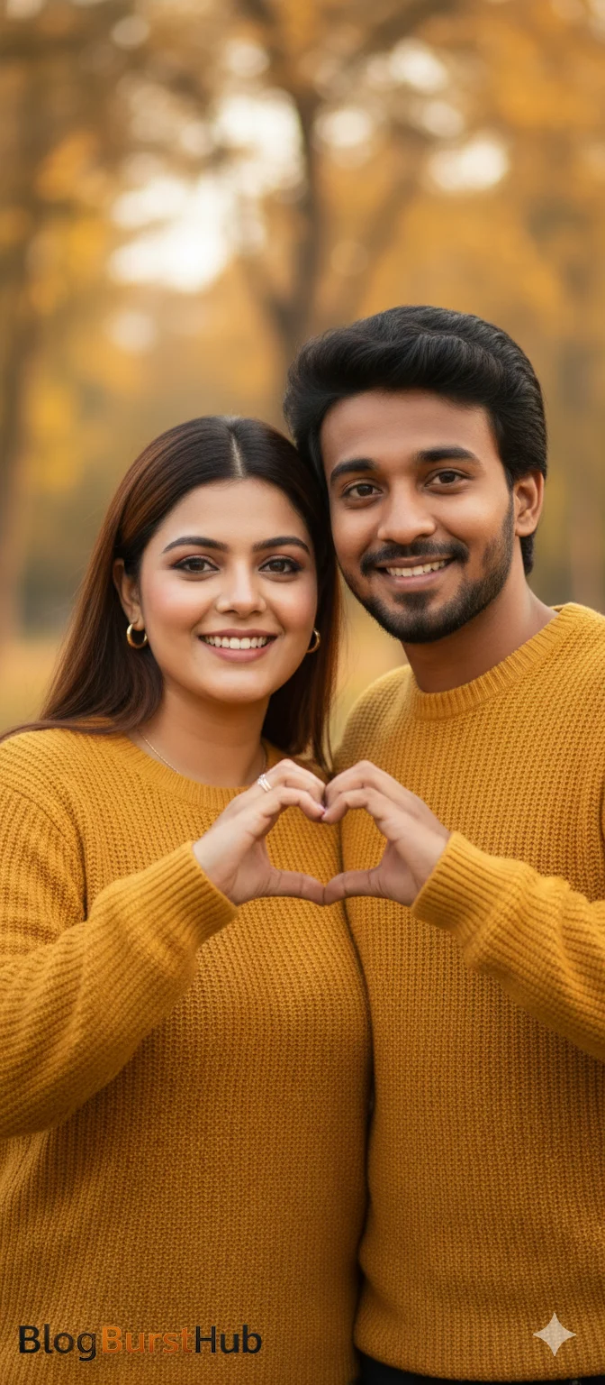 Valentine’s Day outdoor romantic couple forming heart shape with hands