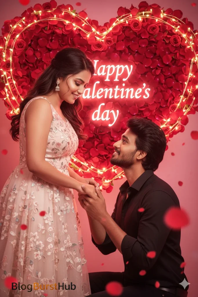 Romantic Valentine’s Day proposal with man kneeling and couple holding hands