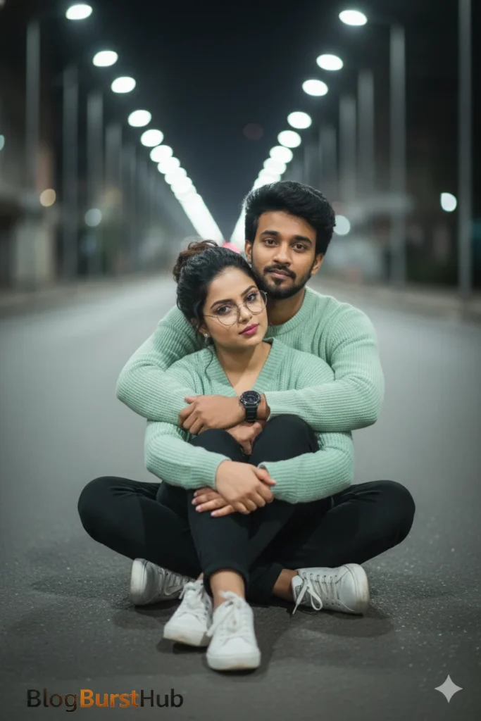 Romantic couple sitting on a street at night with cinematic Valentine’s Day love aesthetic