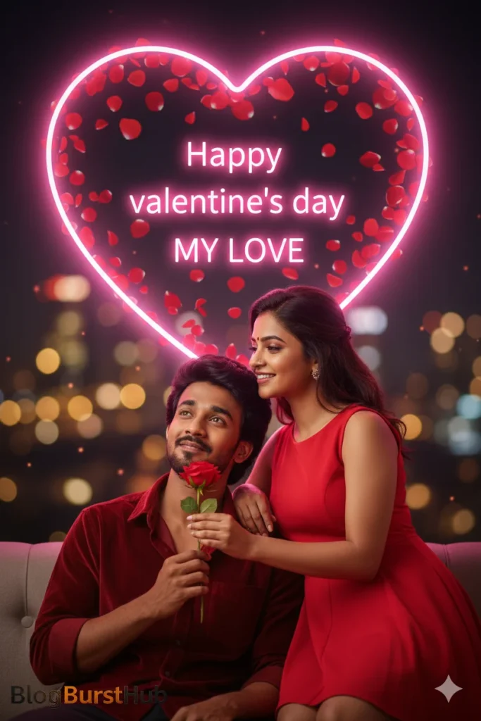 Valentine’s Day romantic couple sitting indoors holding red roses