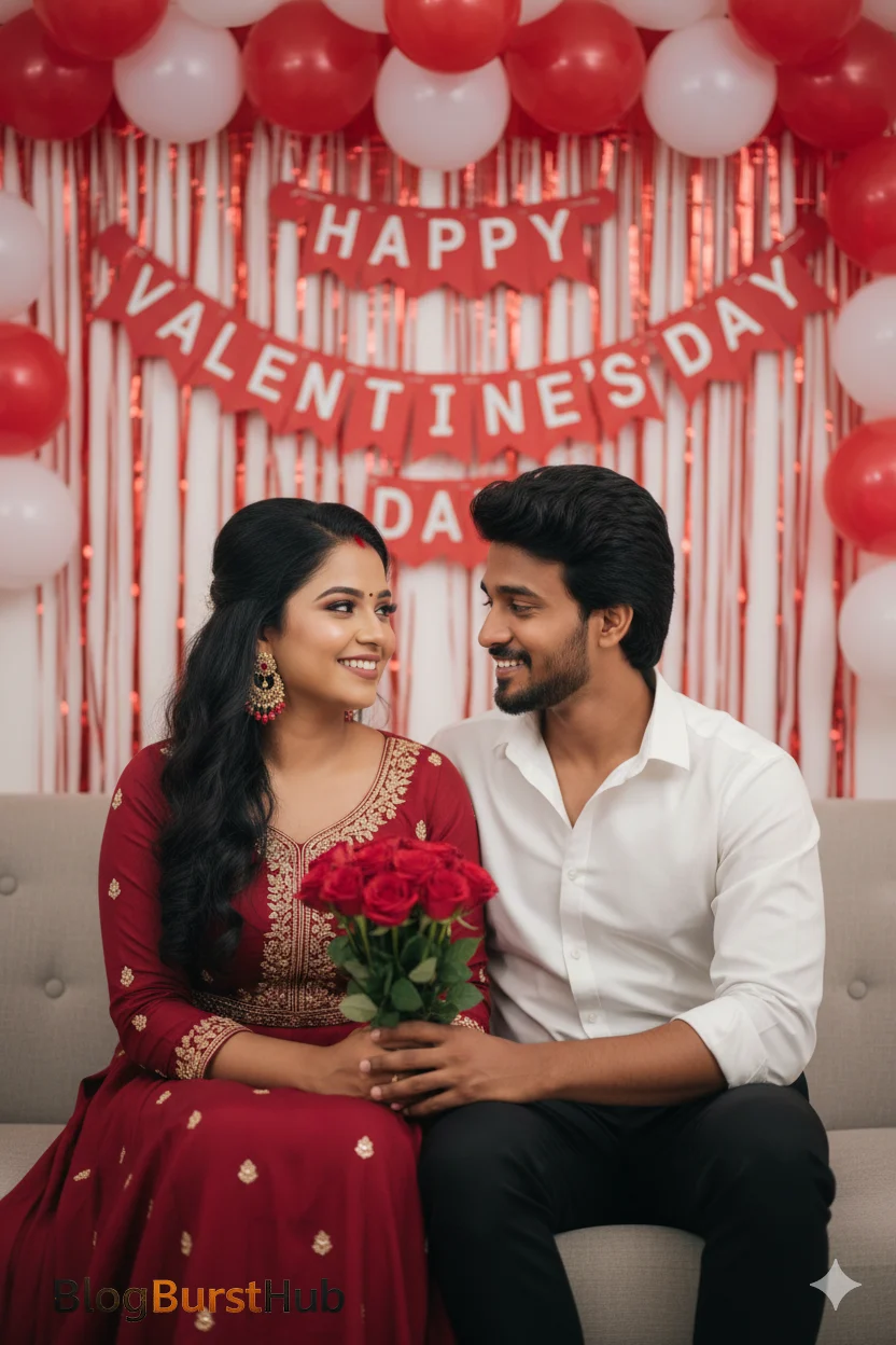 Valentine’s Day romantic couple sitting together with celebration banner