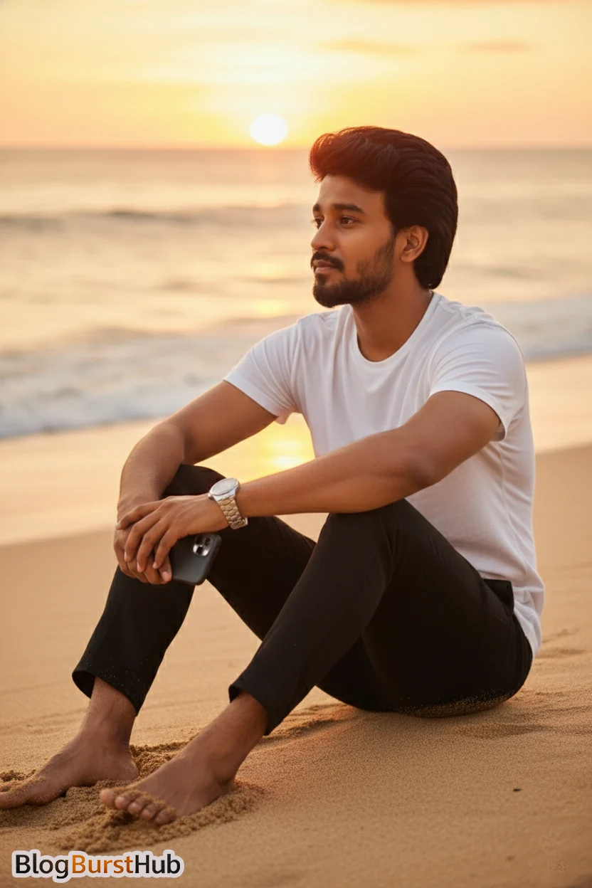 Cinematic AI portrait of a man sitting on a beach during sunset with calm expression