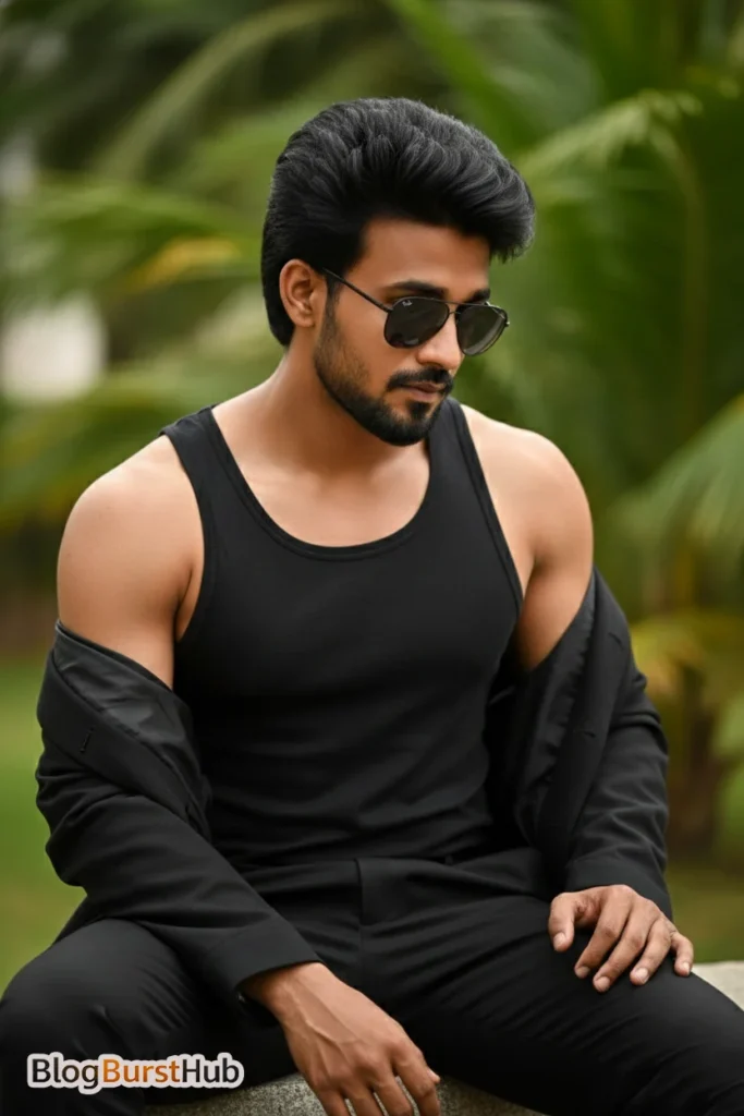 Cinematic AI portrait of a handsome man wearing black outfit with natural outdoor background
