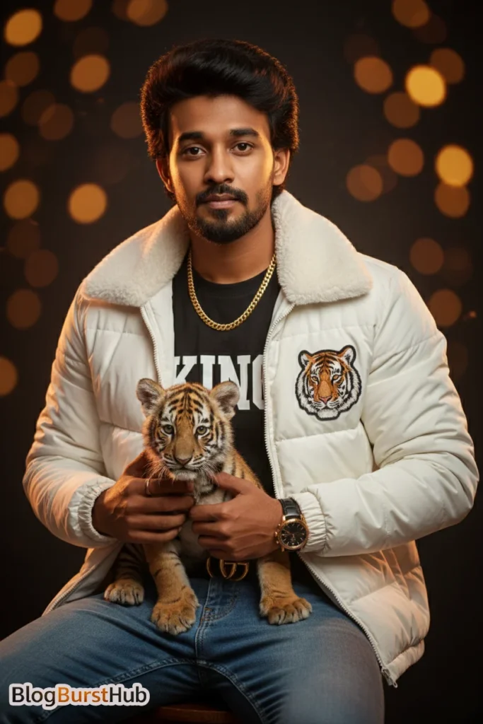 AI-generated cinematic portrait of a man holding a baby tiger with dramatic lighting