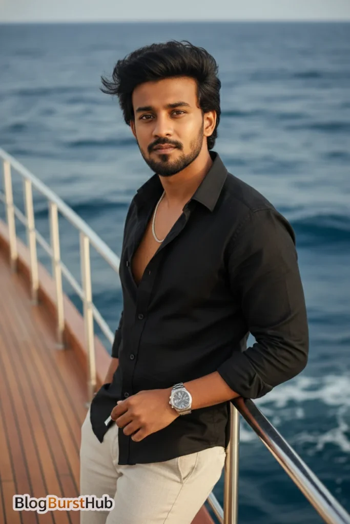 Cinematic AI image of a man standing on a boat with ocean background and stylish outfit