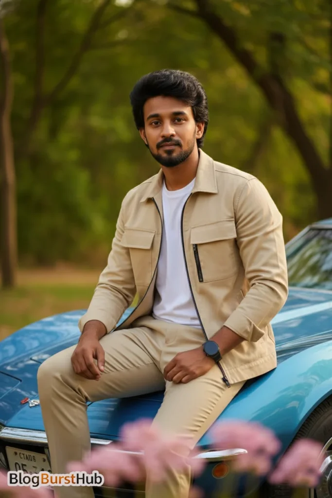 AI-generated cinematic portrait of a man sitting on a luxury car outdoors