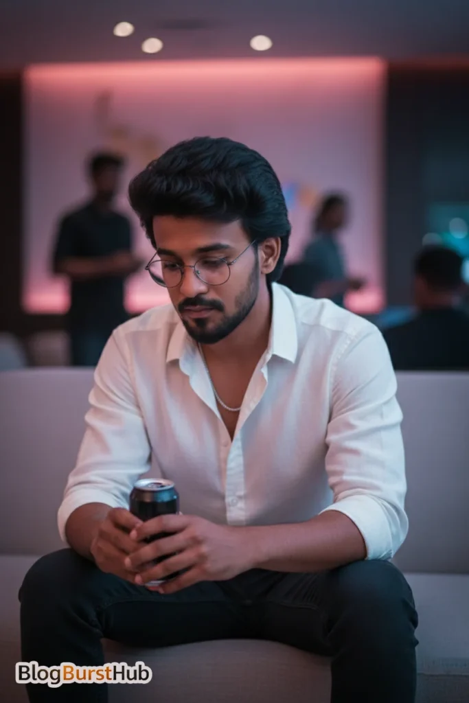 AI-generated cinematic portrait of a man sitting indoors with party lighting and modern ambiance