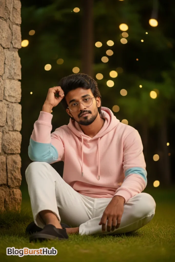 AI-generated cinematic portrait of a man sitting in a garden at night with bokeh lights