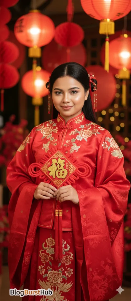 Chinese New Year woman holding Fu symbol decoration wearing red dress