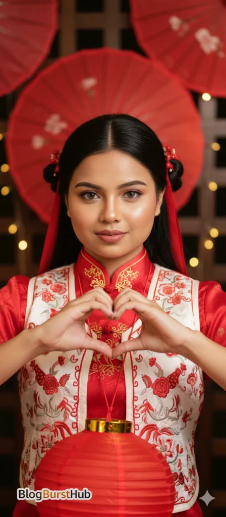 Chinese New Year woman making heart shape gesture with lantern background