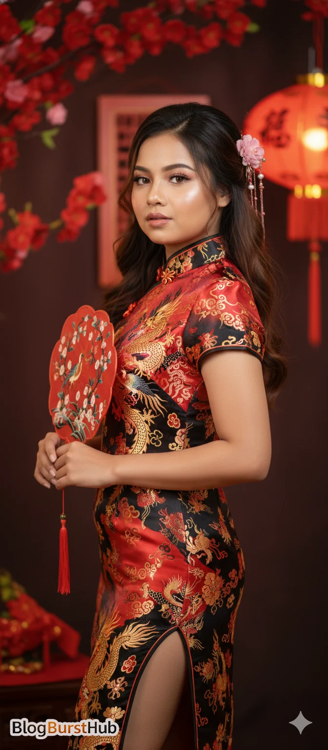 Chinese New Year woman wearing traditional dress holding decorative fan