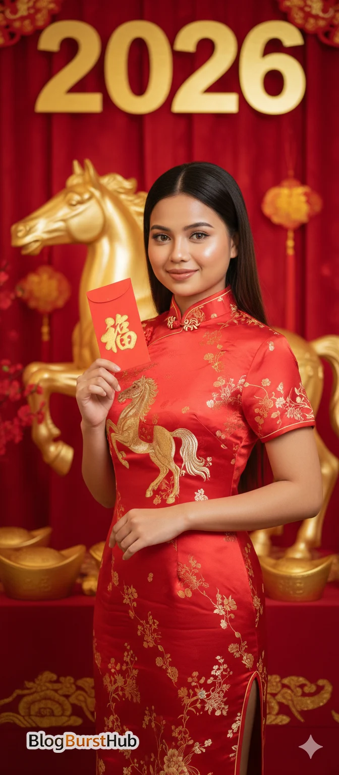 Chinese New Year woman holding red envelope Hongbao in traditional dress