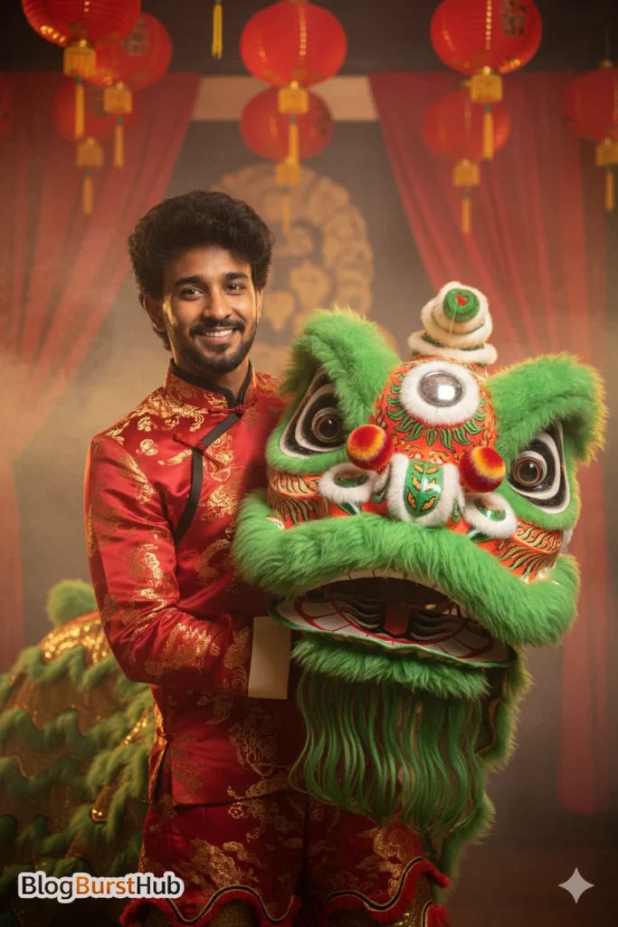 Chinese man wearing green traditional outfit holding lion dance head portrait
