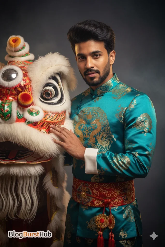Chinese man wearing green traditional outfit holding lion dance head portrait