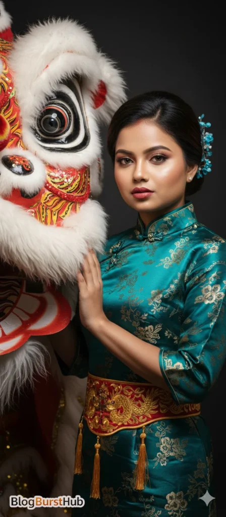 Chinese woman wearing green cheongsam standing next to lion dance head portrait photography