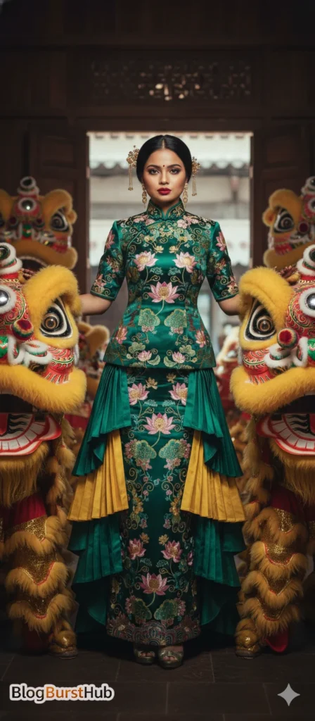Chinese woman standing between two lion dance costumes during Lunar New Year